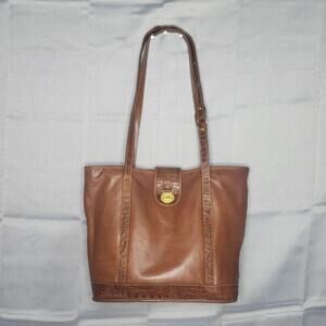 Vintage Brahmin Tote Brown Tuscan Leather Croc Trim Detail Shoulder Bag Rustic